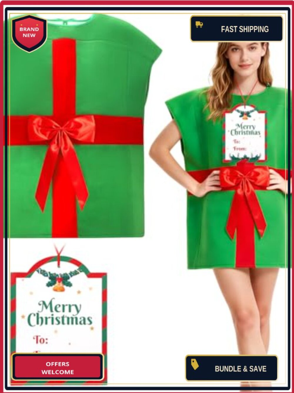 Adult Christmas Gift Box Costume Set with Card Sleeveless Santa Outfit